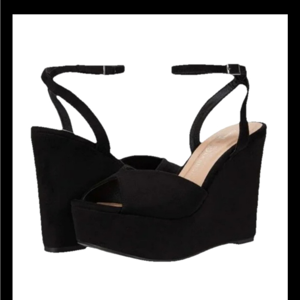 Chinese Laundry "Ellia" wedge fine suede black sandals Women’s Size 8.5, pre-own